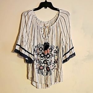 Knox Rose Womens Embroidered Boho Top L Tassels Rayon 3/4 Sleeves